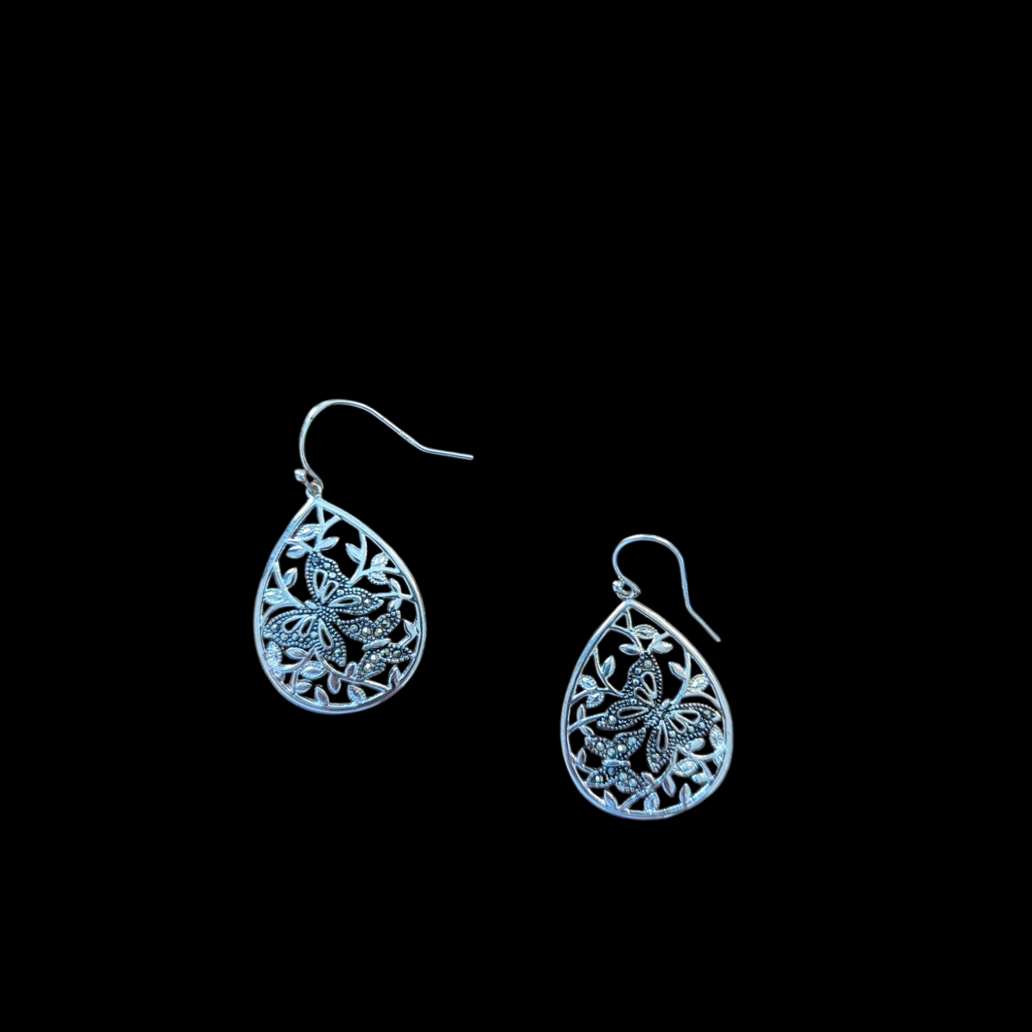 Elegant Silver Teardrop Earrings With Rhinestone Butterflies
